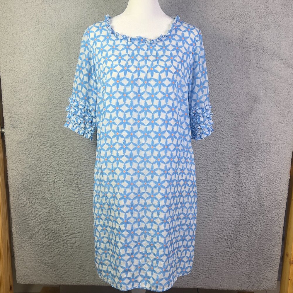 Lilly Pulitzer Dress Womens 8 Blue Floral Dasha Coastal Ruffle Sheath Silk Lined